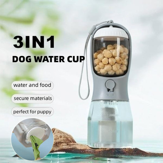 3-in-1 Dog Water Bottle – Portable Pet Cup with Food Box & Waste Bag Dispenser