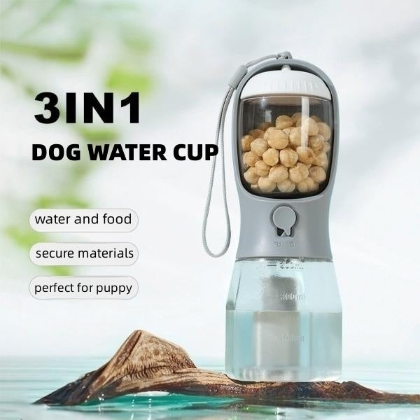 3-in-1 Dog Water Bottle – Portable Pet Cup with Food Box & Waste Bag Dispenser
